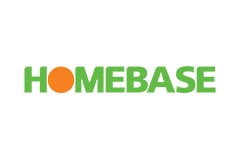 White tile with the logo of Homebase written in green and orange.