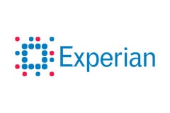 White tile with the word Experian written in blue next to company logo.