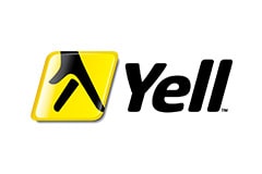 White tile with the word Yell written in yellow next to image of fingers mimicking the motion of walking.