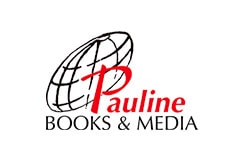 White tile with the words Pauline Books & Media written in red and black and placed under the icon of a globe.