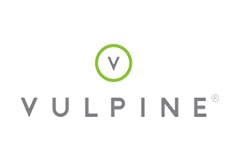 White tile with the word Vulpine written in grey and placed underneath a V placed in a green circle.