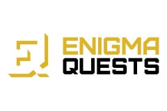 White tile with the word Enigma Quests written in gold next to company logo.