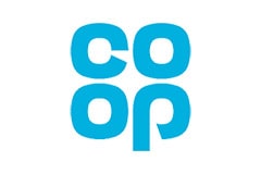 White tile with the word Coop written in blue.