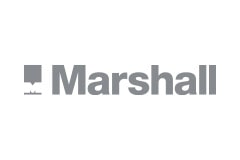 White tile with the word Marshall written in grey next to the company's logo.