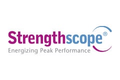 White tile with the word Strengthscope written in purple and blue above the words 'energising peak performance' written in black.