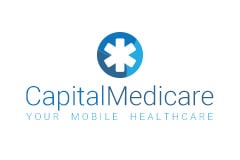 White tile with the words 'Capital Medicare Your Mobile Healthcare' written in blue beneath a star logo.