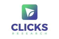 White tile with the words 'Clicks Research' written in blue and underneath a logo comprised of the same colours.