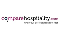 White tile with the words 'CompareHospitality.com' written in purple and black above the words 'find your perfect package, fast'.