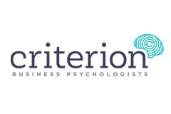 White tile with the words 'Criterion Business Psychologists' written in black with a logo that resembles a human brain in the top right corner.