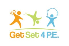 White tile with the words 'Get Set 4 P.E' written in green, blue and orange below similarly coloured icons of kids jogging, skipping and doing a cartwheel.