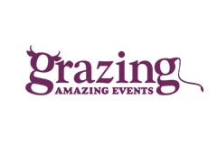 White tile with the words 'Grazing Amazing Events' written in purple.
