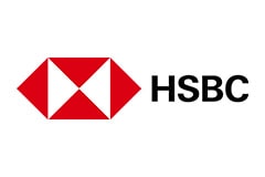 White tile with the letters 'HSBC' written in black next to a bright red company logo.