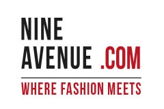 White tile with the words 'Nine Avenue.com' written in black and red above the words 'Where Fashion Meets' written in red.