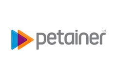 White tile with the word 'Petainer' written in grey next to an orange, purple and blue set of triangles pointing to the right.