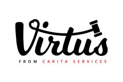 White tile with the words 'Virtus from Carita Services' written in red and black.