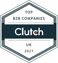 Img_Clutch Grey tile with a diamond-shaped plaque with the words 'Top B2B Companies UK 2021' and 'Clutch'.