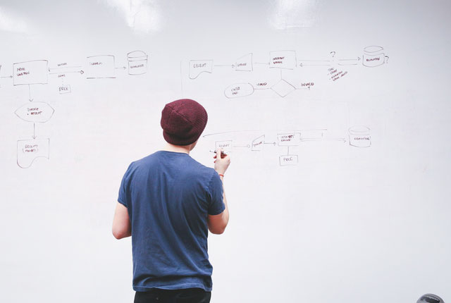 Young man charting out a process on a white board.