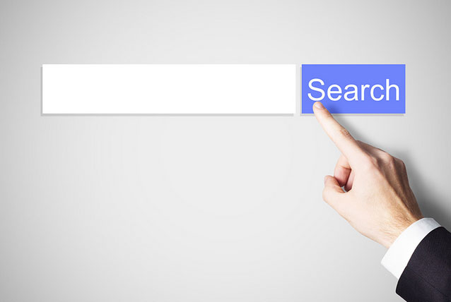 Grey background with a blank Google search tab and a finger hovering over the search button.