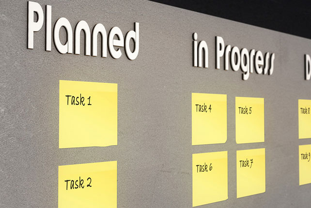 A grey wall with sticky notes and the words 'Planned' and 'In Progress' above them.
