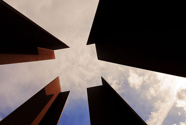 Low angle view of a set of skyscrapers.