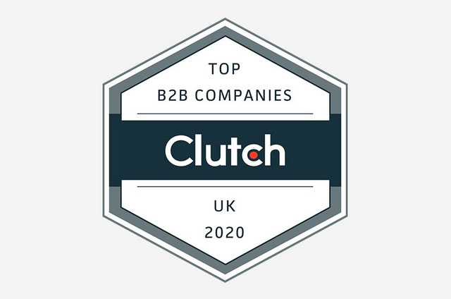 Grey tile with a diamond-shaped plaque with the words 'Top B2B Companies UK 2021' and 'Clutch'.