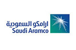 White tile with the words Saudi Aramco written in turquoise next to a logo with a silver star.