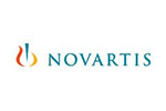 White tile with the word Novartis written in blue next to the company logo.