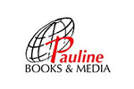 White tile with the words Pauline Books & Media written in red and black and placed under the icon of a globe.