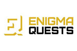 White tile with the word Enigma Quests written in gold next to company logo.