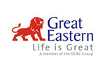 White tile with the words 'Great Eastern' written in blue, 'Life is Great' & 'A member of the OCBC Group' written in grey and placed next to an icon of a red icon.