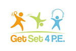 White tile with the words 'Get Set 4 P.E' written in green, blue and orange below similarly coloured icons of kids jogging, skipping and doing a cartwheel.